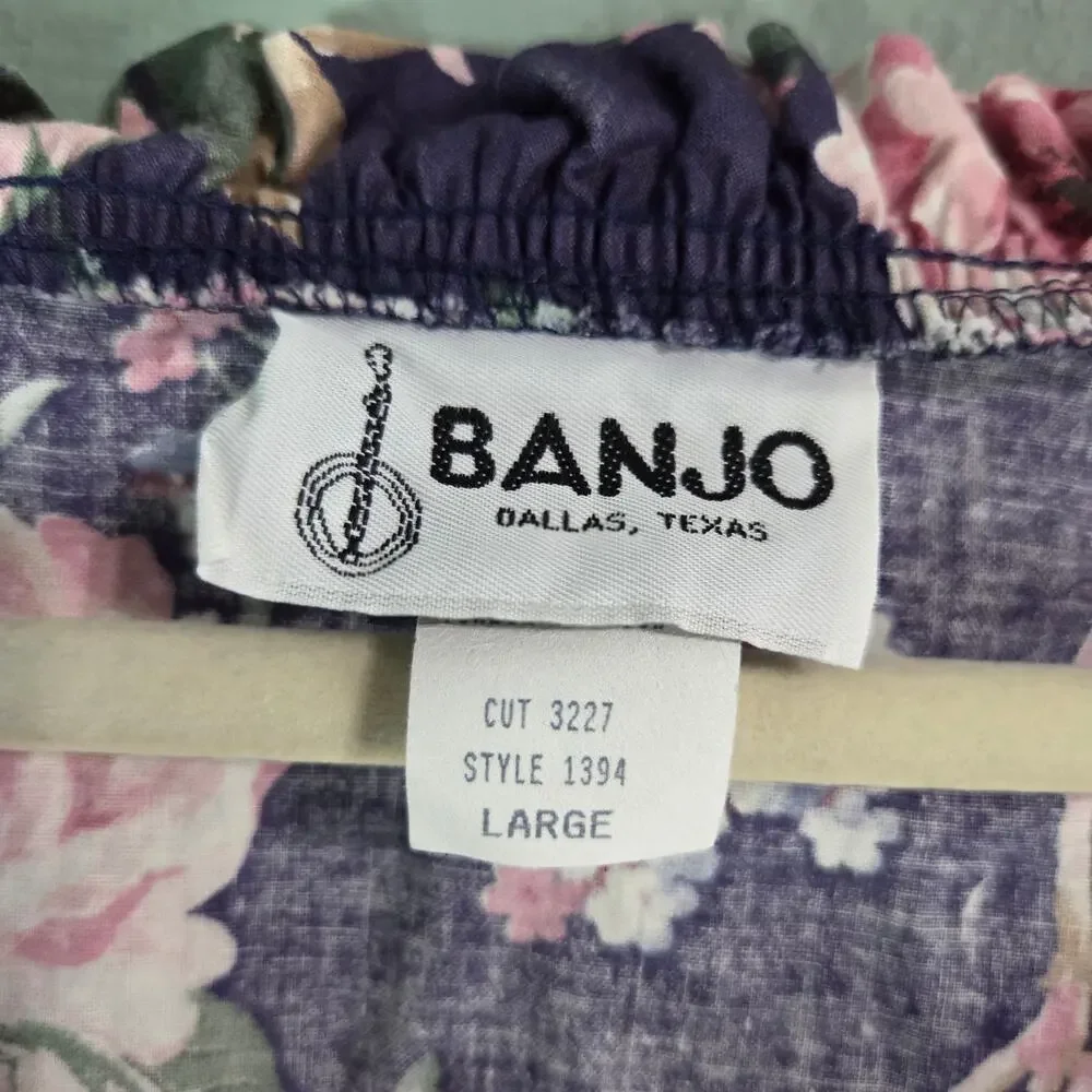 Vintage Banjo Women Floral Pearl Snap Sleeveless Crop Top Cottage Prairie Ruffle